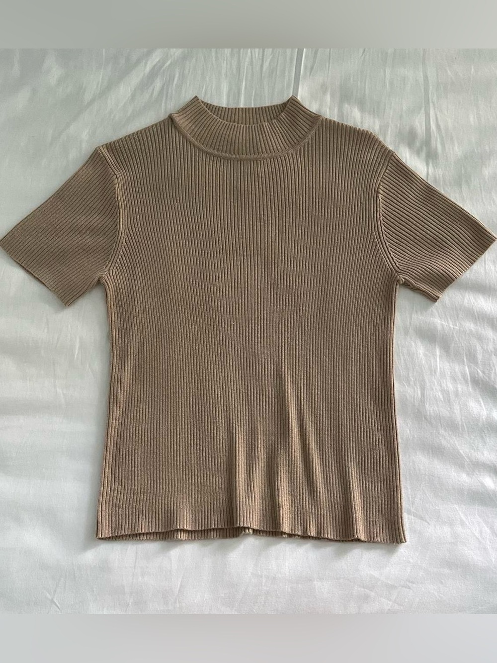 Sag Harbor Ribbed Short Sleeve Mock Neck Top in Beige-Tan